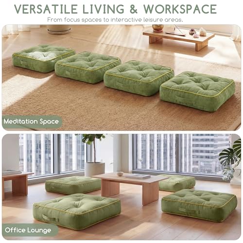 HIGOGOGO Large Floor Pillow Cushion for Adults, Meditation Cushion Pillow with Handle, Lustrous Chenille Tufted, Square Floor Sitting for Tatami Living Room or Yoga, 22x22 Inch, Green