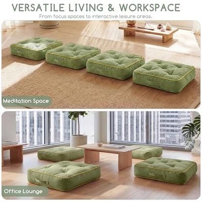 HIGOGOGO Large Floor Pillow Cushion for Adults, Meditation Cushion Pillow with Handle, Lustrous Chenille Tufted, Square Floor Sitting for Tatami Living Room or Yoga, 22x22 Inch, Green