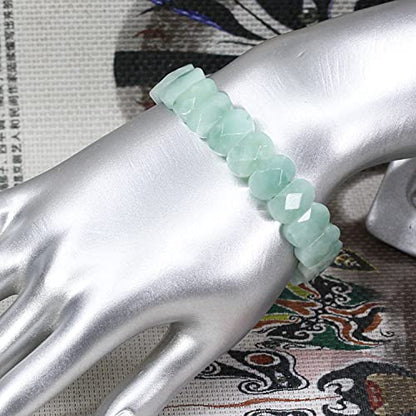 Keleny Semi Precious Stones 14mm Faceted Oval Beads Crystal Rock Elastic Bangle 7.5 Inch - color: Green Angelite