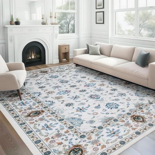 WILLSUN Washable Area Rugs, 9x12 Non-Slip Boho Large Area Rugs for Living Room, Bedroom, Machine Washable Vintage Rug, Indoor Floral Print Carpet for Home Decor, Kid & Pet Friendly Mat - color: Beige Floral, size: 9' x 12' (Rectangular)
