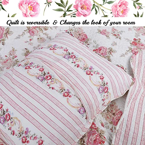 Cozy Line Home Fashions Romantic Pink Peony Floral 100% Cotton Reversible Quilt Bedding Set, Coverlet, Bedspread (Pink Peony, King - 3 Piece) - color: Pink Peony, size: King