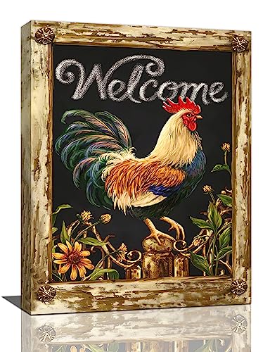 yerretin Farmhouse Rooster Wall Art Rustic Farm Chicken Pictures Wall Decor Country Canvas Painting Modern Artwork Home for Kitchen Bathroom Living Room Bedroom Office Framed 12"x16" - color: Chicken Welcome, size: 16"L x 12"W