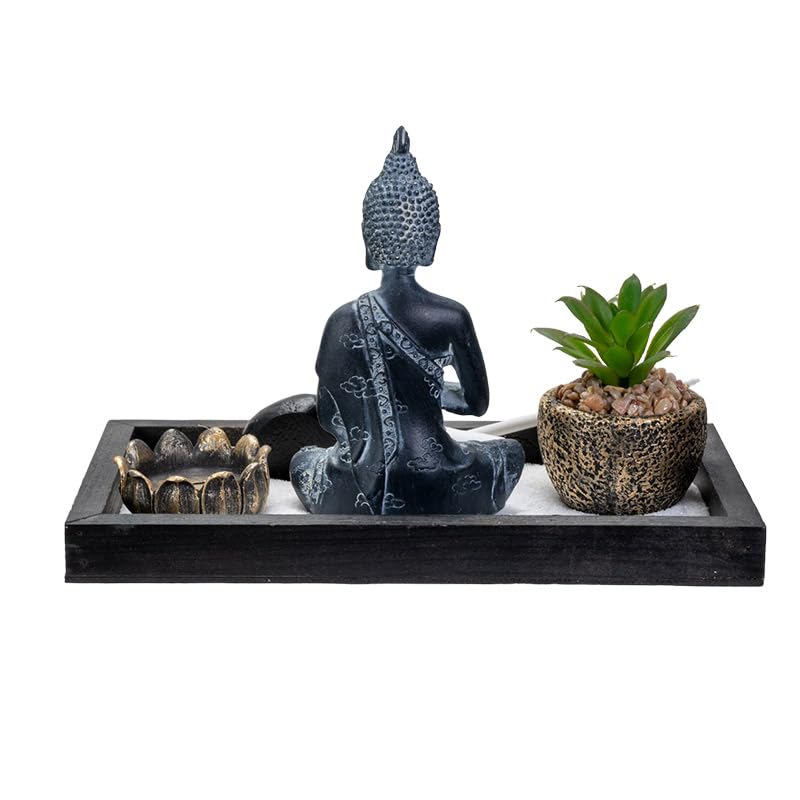 Pacific Giftware Meditation Zen Garden Set with Buddha Statue Artificial Succulent Plant Tea Light Candle Holder White Sand Decorative Wood Display Tray 12" x 3"