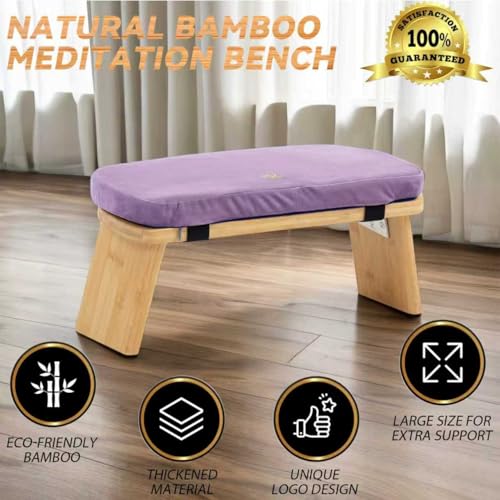 Meditation Bench, Bamboo Meditation Stool, Folding Kneeling Meditation Bench, Seiza Prayer Bench, Prayer Bench with Meditation Cushion, Kneeling Stool (Purple)