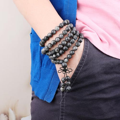 AD Beads 6mm 8mm 108 Prayer Mala Jasper Elastic Bracelet - Handmade Yoga Meditation Healing Power Energy Gifts for Unisex Adult. - color: Larvikite Labradorite(Balance )