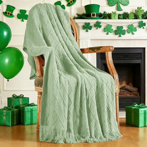 inhand Basil Green Knitted Throw Blanket for Couch and Bed, St. Patrick’s Day Lucky Spring Gifts Throw for Her or Him, Soft Farmhouse Woven Blanket with Tassel, Lightweight Decorative, 50"x60" - color: Basil, size: 50"x60"