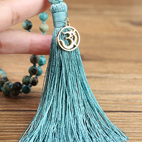 COAI OM Charm Hand Knotted Tassel 108 Mala Beads Necklace - color: Faceted African Turquoise, size: 8mm