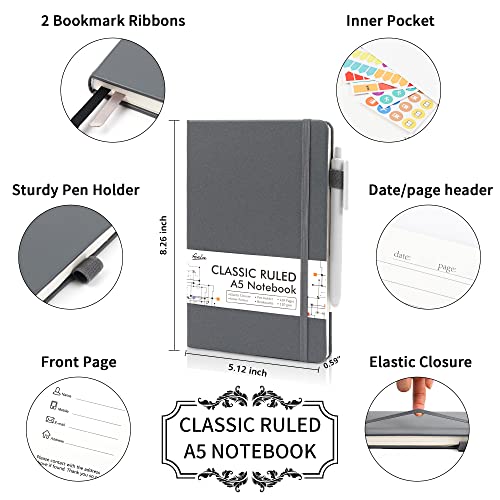 feela 3 Pack Notebooks Journals Bulk with 3 Black Pens, A5 Hardcover Notebook Classic Ruled Lined Journal Set with Pen Holder for Work Business Journaling Note Taking, 120 GSM, 5.1”x8.3”, Gray - color: 3 Pack gray