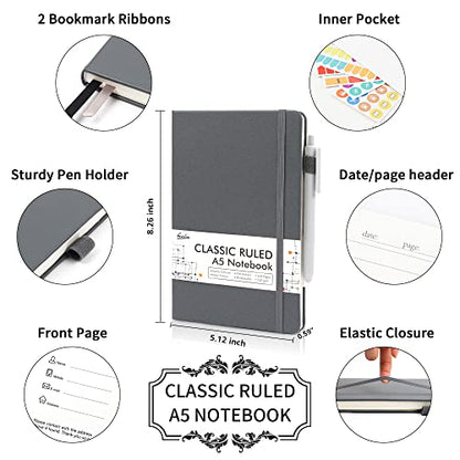 feela 3 Pack Notebooks Journals Bulk with 3 Black Pens, A5 Hardcover Notebook Classic Ruled Lined Journal Set with Pen Holder for Work Business Journaling Note Taking, 120 GSM, 5.1”x8.3”, Gray - color: 3 Pack gray