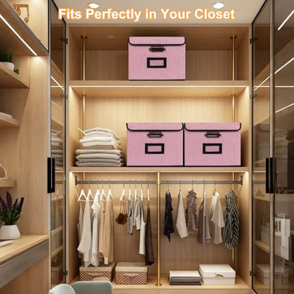 Large Square Storage Bin with Lid, Foldable Organizer Box with Handles & Label Design, for Office, Closet, Home, Documents, Pink, 12.20 x 10.63 x 10.63 Inches, 1 Pack - color: Pink, style: Square - 1 Pack