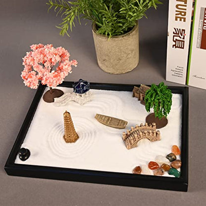 Mini Zen Garden, White Sand, 10" x 7" Rectangular Plastic Tray with Meditation Accessories - size: 10" x 7" x 0.8"