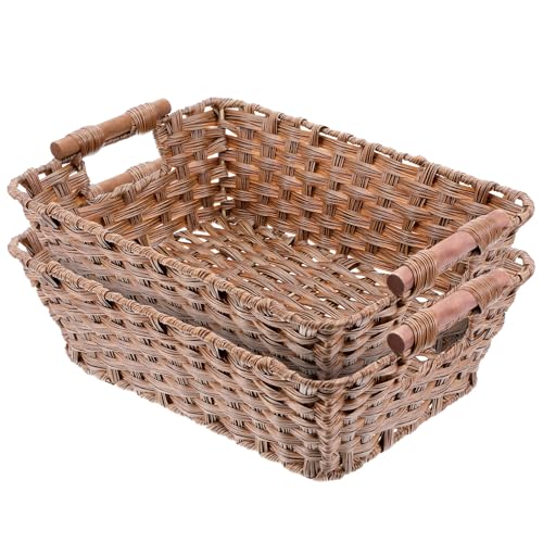 2 Pack Large Waterproof Wicker Storage Basket – 15"x10.6"x5.1" Brown Polypropylene Woven Baskets with Wood Handles & Metal Frame for Pantry, Bathroom, Bedroom, Patio