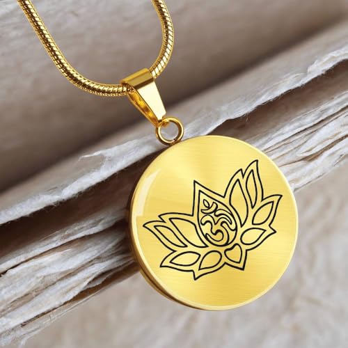 quan jewelry Yoga Lotus Flower Pendant Necklace with Om Symbol, Happy Birthday Gifts Ideas for Mom, Daughter, Women with Inspirational Quote on Gift Card - color: 18K Gold-Tone Cirle Plate