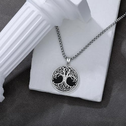 Tree of Life Necklace 925 Sterling Silver Round Tree of Life Pendant Jewelry for Men Women, w/Stainless Steel Chain 22''+2'' - style: A06-Obsidian
