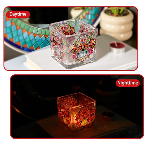 Votive Tealight Candle Holder, Square Glass Vase for Table Centerpiece Decor, Multi-Purpose Glass Cup for Home Tabletop Decor, 3.1 x 3.1 x 3.1 in Day of the Dead