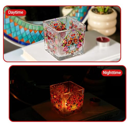 Votive Tealight Candle Holder, Square Glass Vase for Table Centerpiece Decor, Multi-Purpose Glass Cup for Home Tabletop Decor, 3.1 x 3.1 x 3.1 in Day of the Dead