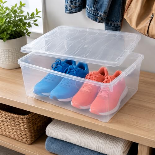 Clear Shoe Storage Boxes with Lids - Stackable Plastic Organizer Bin for Closet, Sneaker Storage, Accessories - Shatterproof, Secure-Fit, 14 x 10.5 x 5.5 in, Set of 3 - size: Set of 3