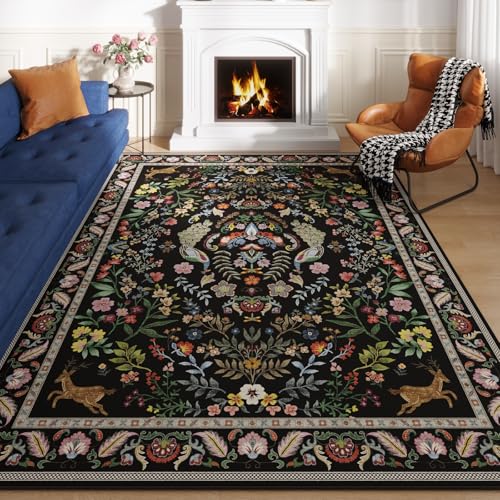 Rugcomf 9x12 Area Rugs for Living Room Washable Rug Floral Non-Slip Large Rug for Living Room, Bedroom, Farmhouse, Dining Room, Kids Playroom (Vibrant Black) - color: Vibrant Black, size: 9' x 12' (Rectangular)