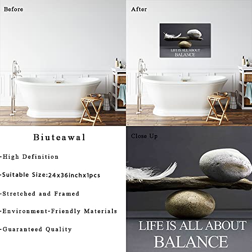 Biuteawal Motivational Wall Art Zen Canvas Print Black White Balance Stones with Feather Picture Painting Inspirational Quote Artwork Framed Home Office Classroom Bedroom Decor Ready to Hang
