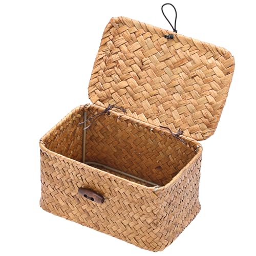 Small Decorative Box Natural Seagrass Box with Lid Small Basket for Organizing Keys Wicker Shelf Baskets for Bathroom Living Room,6.1"L x 4"W x 3.3"H - color: Caramel color, size: 6.1"L x 4"W x 3.3"H