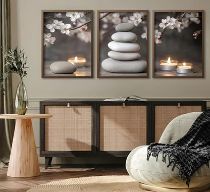 ZHJIOFXG 3 Piece Zen Canvas Wall Art Stacked Stones Cherry Blossom Candle Spa Wall Decor Calming Minimalist Neutral Poster Print Art for Bathroom Bedroom Yoga Room Office Living Room 12x16in Unframed - size: 16L''x12W''