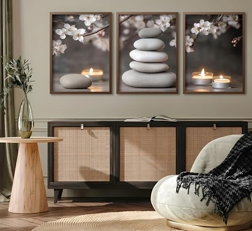 ZHJIOFXG 3 Piece Zen Canvas Wall Art Stacked Stones Cherry Blossom Candle Spa Wall Decor Calming Minimalist Neutral Poster Print Art for Bathroom Bedroom Yoga Room Office Living Room 16x24in Unframed - size: 24L''x16W''