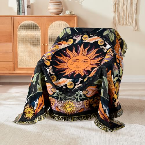 Boho Throw Blanket Reversible Cotton Bohemian Tapestry Hippie Room Decor Outdoor Blanket Double Sided (Boho Sun Black 50"x60") - color: Boho Sun 5, size: 50*60 inch