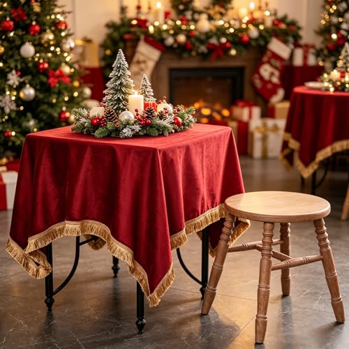Velvet Tablecloth Luxurious Red Rectangle Table Tablecloth Thickset with Luxurious Gold Tassels Table Cloth for Home Decor Christmas Wedding, Party, Banquet and Events 36X36inch
