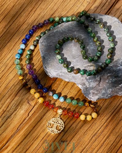 Bivei 108 Mala Beads Necklace Life Tree 7 Chakra Wrap Bracelet Real Healing Gemstone Yoga Meditation Hand Knotted Mala Prayer Bead Necklace - color: 7 Chakras Stone, size: 6mm