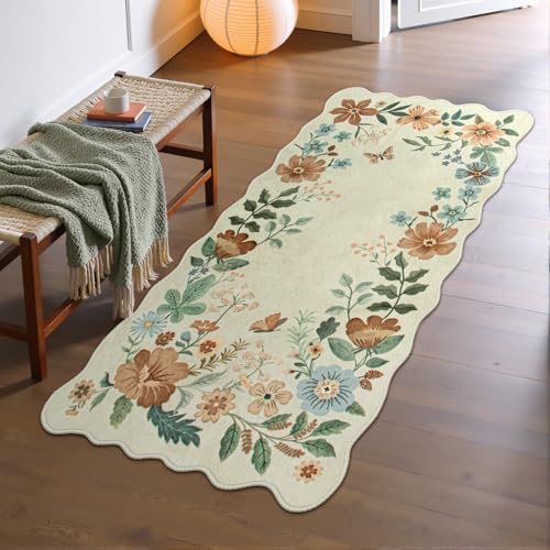 Lahome Floral Entryway Rug, 2x4 Washable Kitchen Rugs Non Slip Ultra-Thin, Front Door Mat Indoor Entrance Stain Resistant Boho Low-Pile Carpet for Entry Bathroom Bedroom Flore (2x4ft,Beige) - color: Beige, size: 2' x 4'（Rectangular）