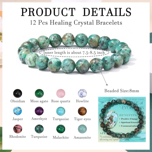 FIRAZIO 12PCS 6mm 8mm Gemstone Beaded Bracelets for Women Semi-Precious Natural Crystal Bracelets Round Beads Gemstones Stretch Bracelet Jewelry Gift - style: 8MM
