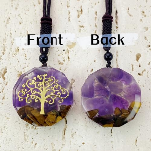 EDEN'S CALL Orgone Necklace, Tree of Life Orgonite Healing Crystal Stone Pendant Necklace for Spiritual Healing and Meditation Energy Talisman Sacred Geometry Tiger's Eye Necklaces - color: Purple/Amethyst + Tiger's Eye
