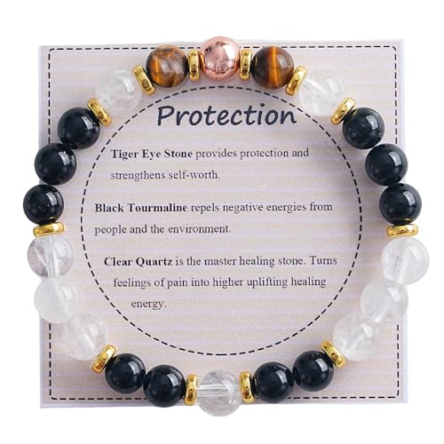 KSQS Healing Stone Bead Bracelet for Women, Natural Gemstones Balance Protection Bracelet, Spiritual Crystal Beads Bracelet Anxiety Relief with Meaning Card - style: Protection-1