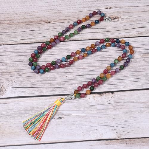 108 Mala Beads Necklace Semi-Precious Gem Stones Meditation Necklace 108 Hand Knotted Japa Mala Beaded Tassel Necklace with Tree of Life Pendant - color: Tourmaline