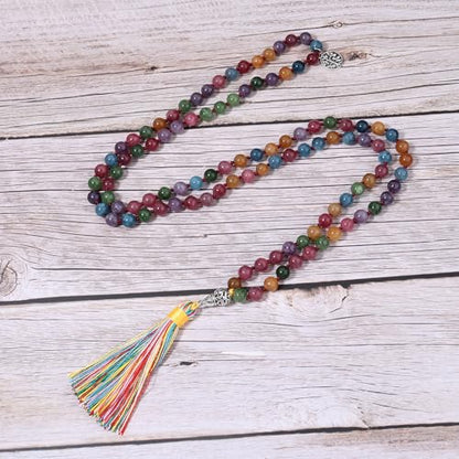 108 Mala Beads Necklace Semi-Precious Gem Stones Meditation Necklace 108 Hand Knotted Japa Mala Beaded Tassel Necklace with Tree of Life Pendant - color: Tourmaline