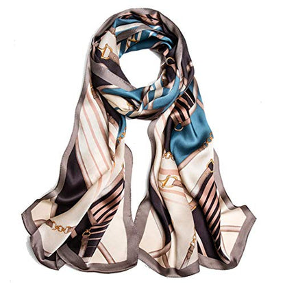 100% Mulberry Silk Long Scarf for Women Large Shawls for Headscarf and Neck- Oblong Hair Wraps with Gift Packed - color: Cream&blue Belts