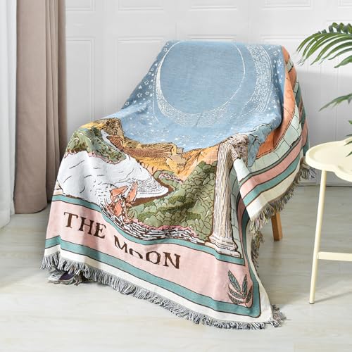 Boho Throw Blanket Reversible Cotton Bohemian Tapestry Hippie Room Decor Double Sided (Boho The Moon 50"x60") - color: Boho the Moon, size: 50*60 inch