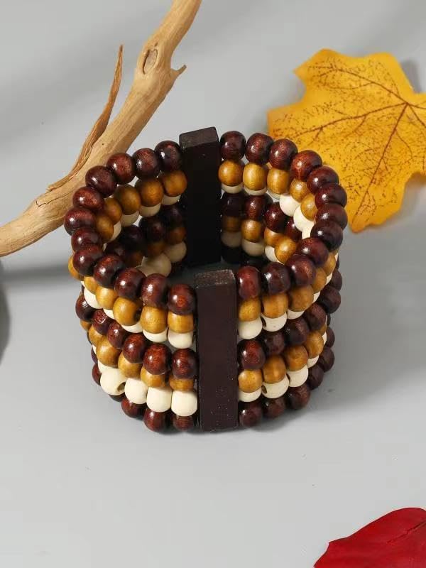 Stretch Wooden Beads Cuff Bracelets Multi Layered Natural Wood Beads Chunky Bangle Wooden Handmade Wide Bracelets Bohemia Jewelry for Women Men - color: B