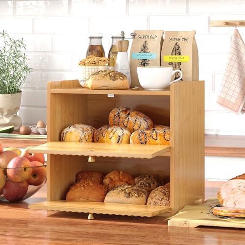 Trironsun Rustic Bread Box for Kitchen Countertop Bamboo Bread Storage Container Bin Double Layer BreadBox Farmhouse Large Capacity Food Organizer (Natural Bamboo) - color: Natural Bamboo
