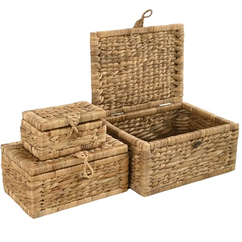 Wicker Storage Basket with Lid Set of 3 – Decorative Water Hyacinth Boxes for Organizing Toys, Clothes & Essentials – Handwoven Natural Storage Bins for Home Decor