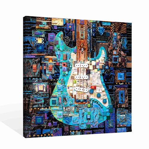 SiuSue Abstract Blue Guitar Guitar Music Musical Instrument Canvas Wall Art Poster Prints Artwork Pictures Framed for Music Studio Home Bedroom Living Room, 12x12 Inch - color: Guitar-4