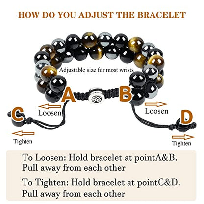 Triple Protection Bracelet Natural Black Obsidian Tigers Eye Hematite Beads Crystal Bracelet Healing Bracelets for Men Women Bring Prosperity Luck and Health - color: Black