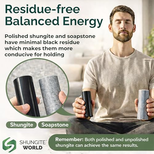 Shungite World 2 pcs Authentic Shungite and Soapstone Harmonizers Cylinders Set Chakra Healing Crystals for Grounding Shungite Stones for Meditation Magnetic Therapy Negative Energy Protection