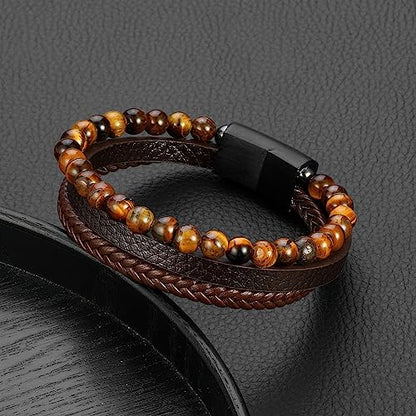 FOCOOG Leather Bead Bracelets for Men, Natural Tiger Eye Lava Rock Stone Bead Magnetic Clasp Adjustable Leather Bracelets Stress Relief Mens Anxiety Bracelet Mens Jewelry Gifts - style: Brown Leather-Tiger Eye Bead