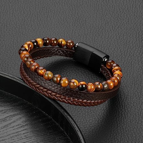 FOCOOG Leather Bead Bracelets for Men, Natural Tiger Eye Lava Rock Stone Bead Magnetic Clasp Adjustable Leather Bracelets Stress Relief Mens Anxiety Bracelet Mens Jewelry Gifts - style: Brown Leather-Tiger Eye Bead