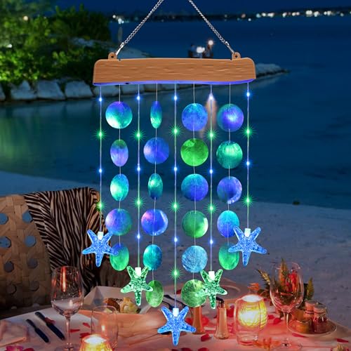 Toodour Solar Wind Chimes for Outside, Birthday Gifts for Women Mom Grandma, Waterproof 2 Modes Shells Solar Powered Outdoor Lights for Patio Holiday Garden Porch Yard Outdoor Decor - Blue & Green - size: Blue&Green