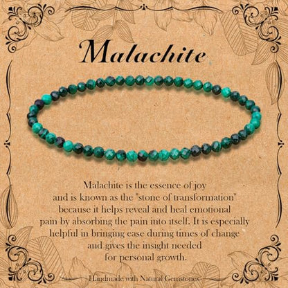 BONNY BOXX Natural Genuine Gemstone Faceted Round Beads Bracelets, 3mm Adjustable Stretchy Tiny Faceted Black Tourmaline Bracelet, Healing Crystal Reiki Chakra Dainty Jewelry Fashion Gifts - color: Malachite