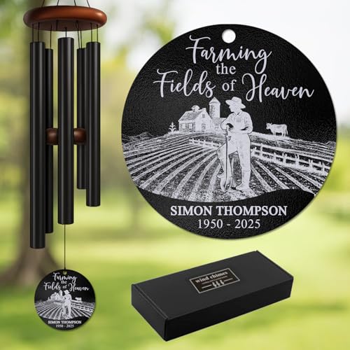 Personalized Farmer Memorial Wind Chime – “Farming The Fields of Heaven” Custom Name & Years – White Engraved Outdoor Sympathy Gift for Loss of Loved One – Rustic Farm Tribute Windchime - size: FarmWC 1
