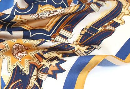 100% Pure Mulberry Silk Scarf 35" Large Square Lightweight Headscarf –Women’s Hair Wraps-With Gift Packed - color: Gold&blue