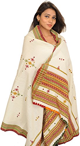 Exotic India Shawl from Kutch with Embroidered Bootis and Mirrors - Wool - color: Banana Crepe